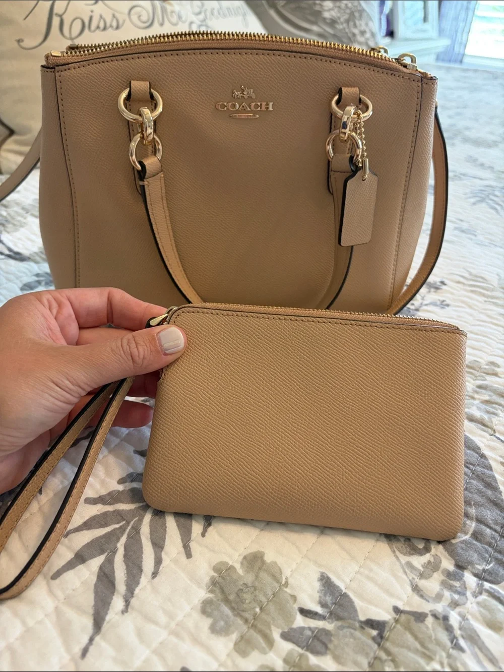 Coach Pebbled Leather Satchel in Beige with Gold Hardware with Matching Wristlet